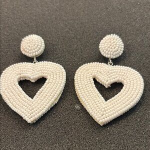 Elegant White Beaded Heart Earrings